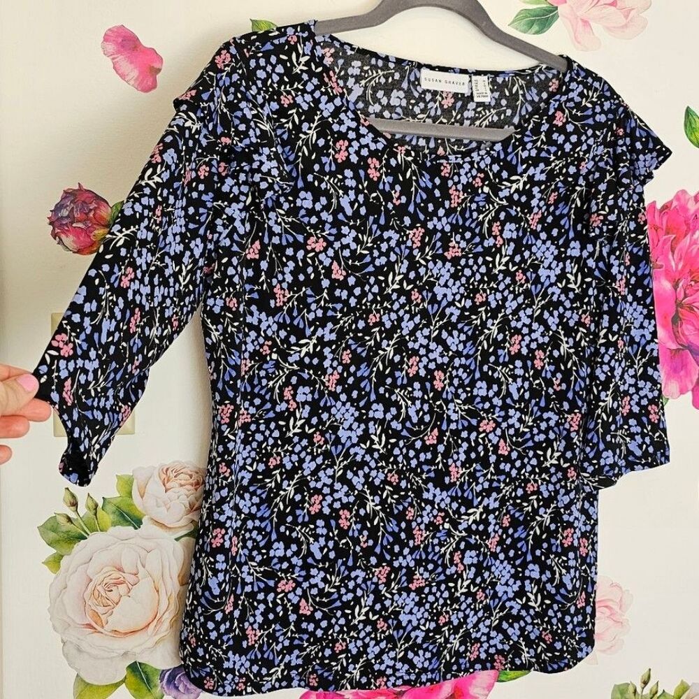 Susan Graver Comfort Stretch Knit Ruffle Sz M Floral Print Pullover Top Blouse - Picture 8 of 8
